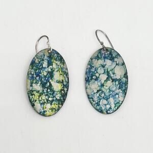Handmade Oval Shaped Hand Painted Speckle Dangle Earrings Blue Green Pierced